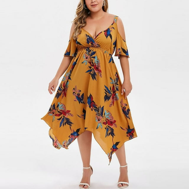 EGNMCR Robes de Vacances pour Femmes Grande Taille Mode Femmes Imprimé Floral Manches Courtes Col en V Robe à Bretelles Froide