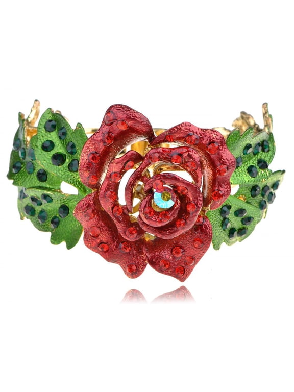Ruby Fashion Crystal Rhinestone Statement Rose Flower Leaf Bracelet Bangle Cuff