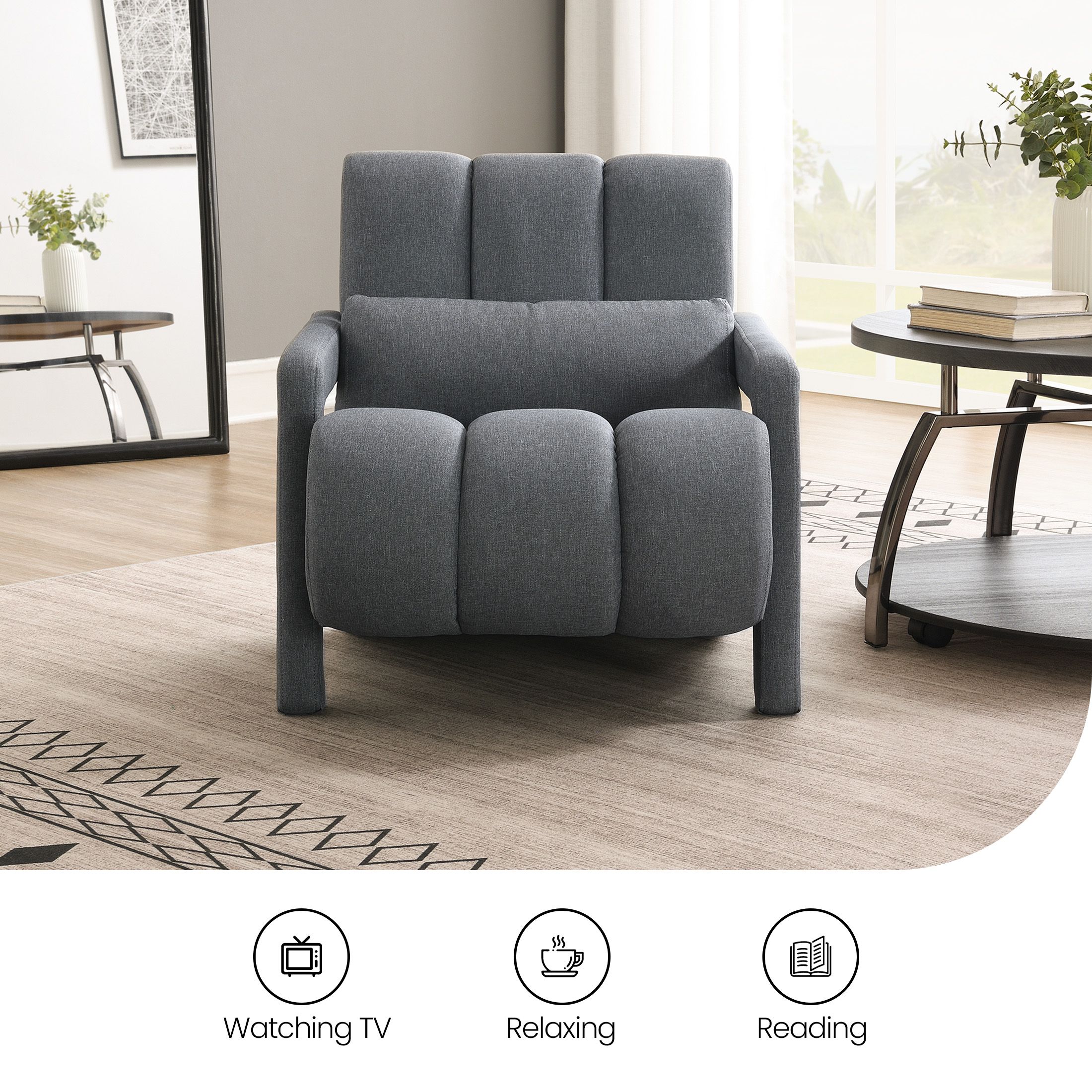 Aukfa Upholstered Accent Chair with Pillow, Mid Century Armchair for Living Room Bedroom, Linen, Gray