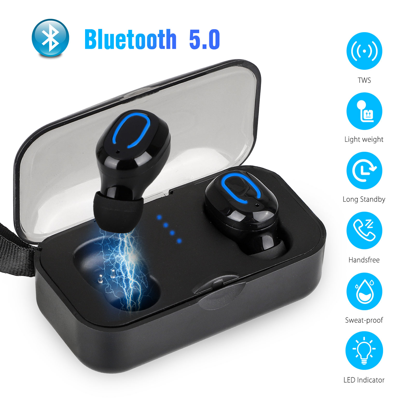 True Wireless Earbuds, TSV 3D Stereo Sound Bluetooth 5.0 Wireless Headphones Mini in-Ear Sports Earphones Built-in Mic, Noise Cancelling Headsets with Portable Charging Case Fit for iOS and Android