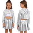 thumbnail image 6 of Hansber Kids Girls Hip Hop Dance Outfit Shiny Metallic Cropped Hoodie Sweatshirt Sports Bra and Skirt Set Silver White 12, 6 of 6