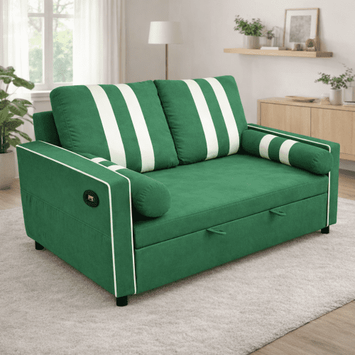 68.5 Inch Green 2-Seater Pull Out Sleeper Sofa Bed with USB Charging Port, 3-Position Adjustable Backrest Convertible Loveseat for Living Room, Guest Room, Apartment