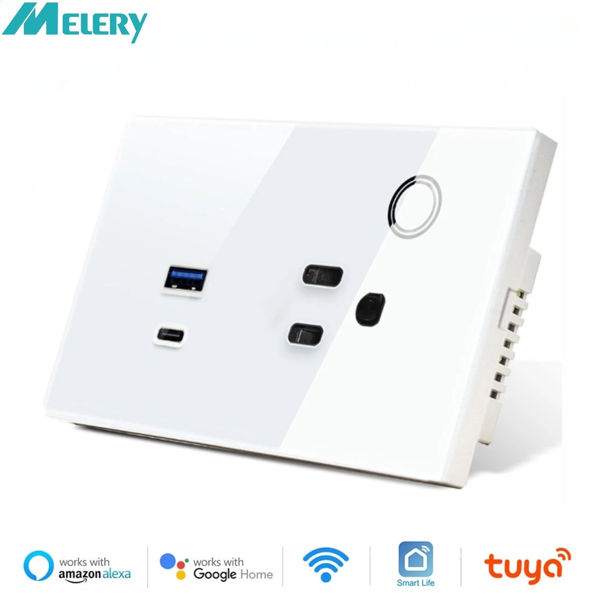 Melery US Smart Outlet - WIFI Tuya 15A 30W USB TYPE-C, Touch Control Wireless Remote Works with Smart Home Assistants