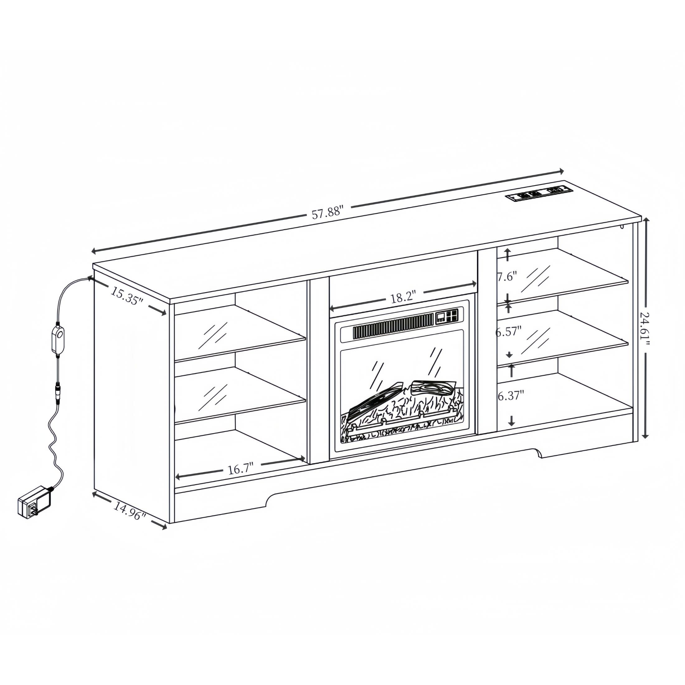 Noble House Hector 58" Electric Fireplace TV Stand, Media Console with Glass Shelves, Cable Hole, 62" TVs, Oak