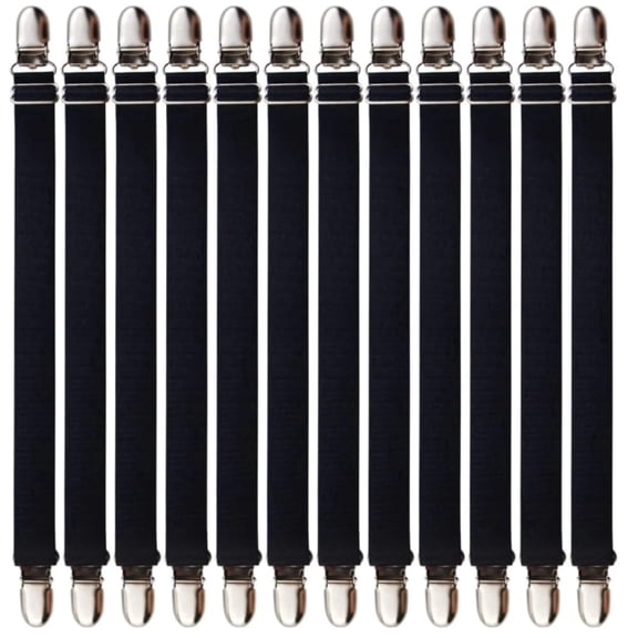 12 Pcs Adjustable Fitted Bed Sheet Clips Straps, Heavy Duty Elastic Mattress Corner Fasteners for Bed Couch, Black 9.45-15.75 Inch