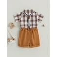 thumbnail image 4 of Bagilaanoe 2Pcs Newborn Baby Boys Overalls Shorts Set Plaid Short Sleeve Shirt Tops with Bow Tie + Suspender Short Pants 3M 6M 9M 12M 18M 24M Infant Gentleman Formal Outfits, 4 of 8