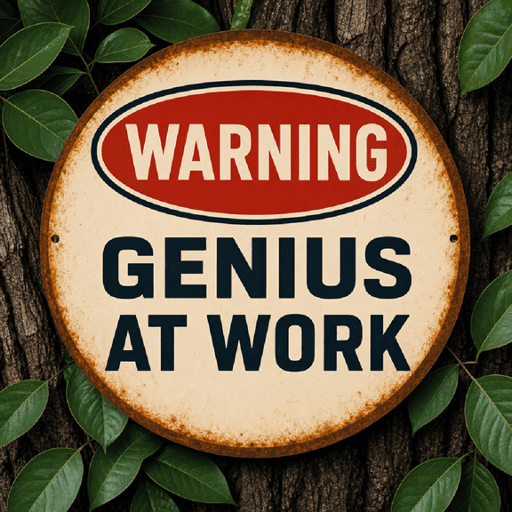 A vintage-style "Warning: Genius at Work" aluminum wall art sign - 8x8 inch round tin decor, with a weathered surface, suitable for, bar, cafe, garage wall decoration | Durable wall sign.