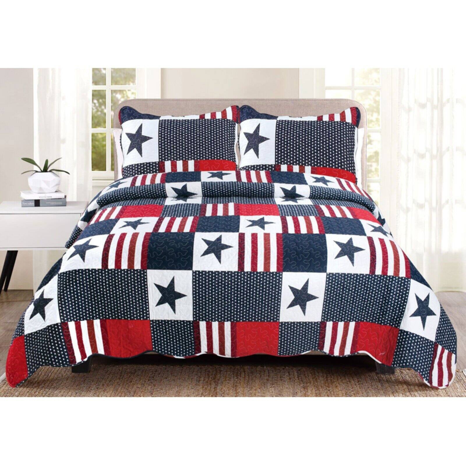 Red White Blue Nautical Patchwork Americana USA 2 pc Quilt Set Twin Bed Coverlet 