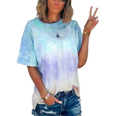 Abcnature Tie Dye Print Shirt Women Gradient Graphic Short Sleeve T-Shirt Summer O-Neck Casual Colorful Tee Tops Sky Blue L