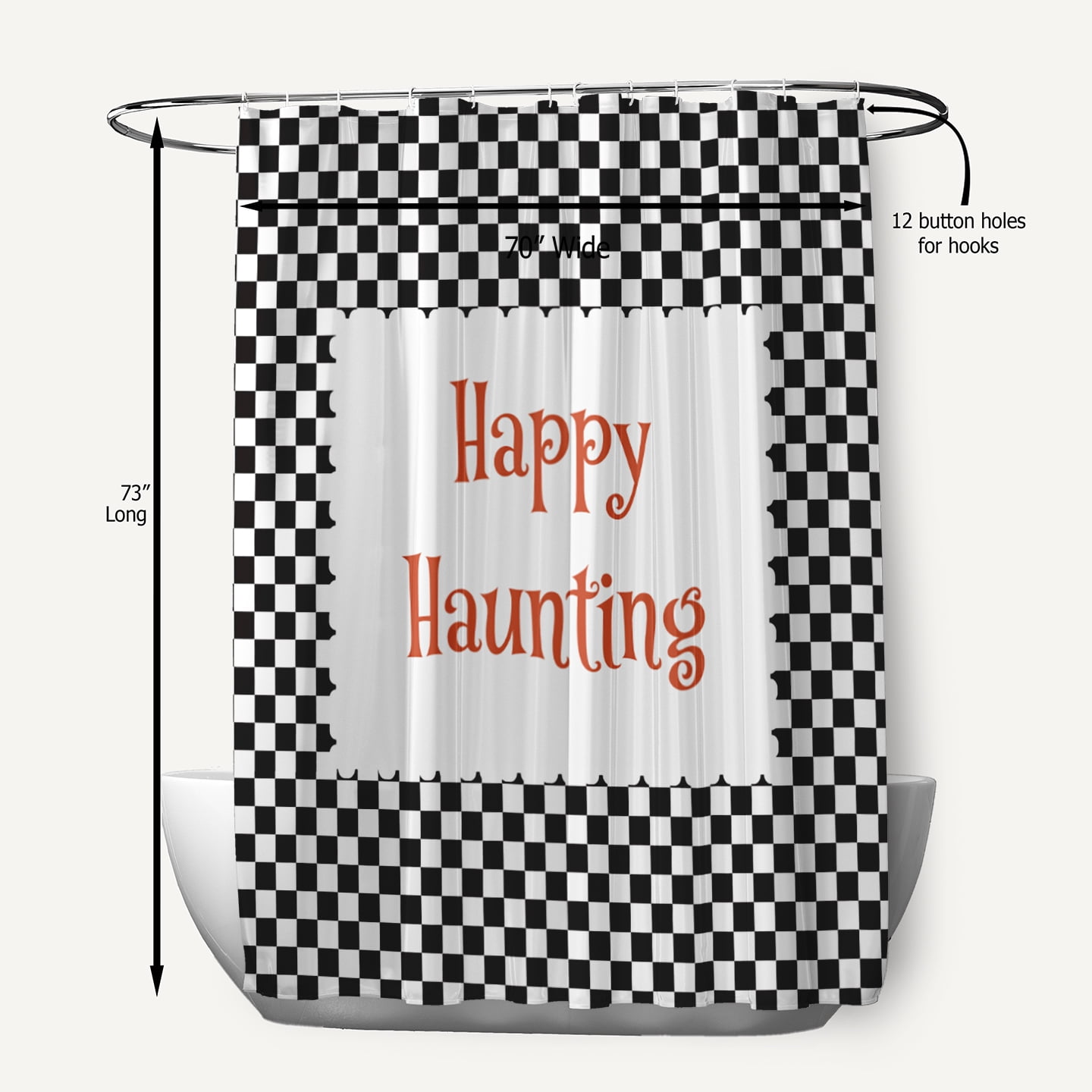 Simply Daisy 70" W x 73" L Halloween Happy Haunting Checks Polyester Shower Curtain, Black [1 Ct]
