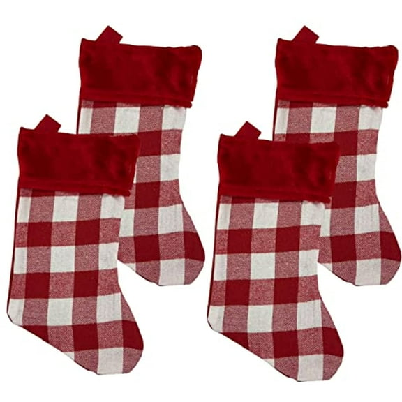Happy Holidays Christmas Buffalo Plaid Felt Stocking - 18 inch Red and White Check with Red Cuff (Set of 4)