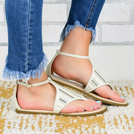 

Cathalem Sandals for Women Style Beach Sandals Cutout Fashion Roman Flat Ladies Buckle Sandals Thong Women s Sandals Wide Width White 7.5