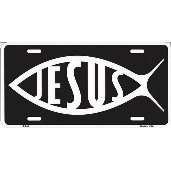 White Jesus Fish On Black License Plate