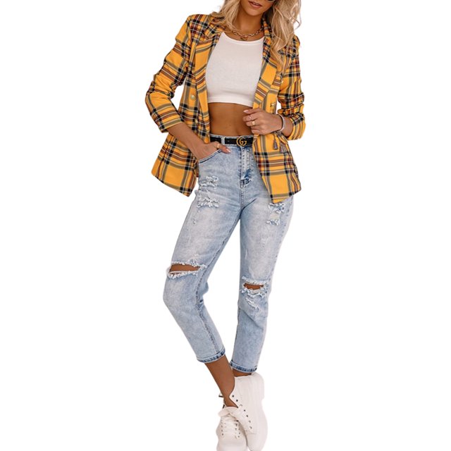 Mujeres Blazers casuales de manga larga botón abajo de la chaqueta del traje de la tela escocesa de la oficina del trabajo abrigos formales(Amarillo-M) Nituyy Blazers-GL715-FF76522C2