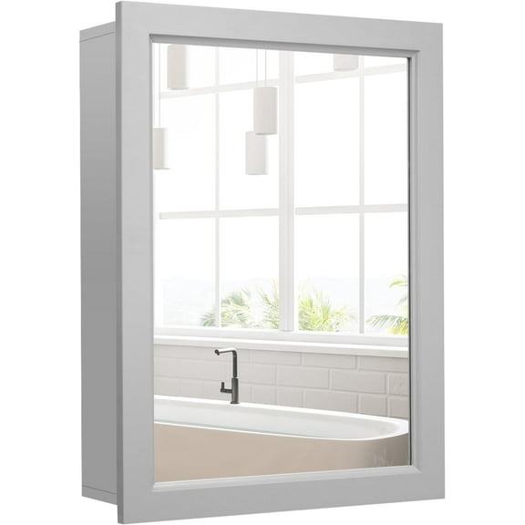 FASCK Bathroom Medicine Cabinet with Mirror - Bathroom Wall Cabinet w/Single Door & Adjustable Shelf, Wood Mirrored Storage Cabinet Organizer, Recessed Bathroom Cabinet Wall Mount (Grey)
