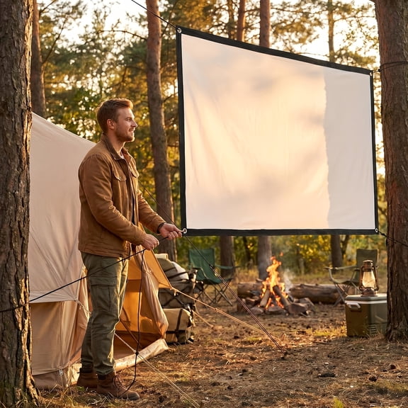60 Inch 16/9 Polyester Projector Screen Portable Foldable Movie Screen with Hooks Wall Hanging No Drill Indoor Outdoor