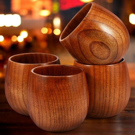 

Ikoopy 4Pcs 250ML Vintage Wooden Drinking Cup With Natural Texture Easy to Clean Heat Resistant Wood Whiskey Tumbler for Milk Coffee Tea Water