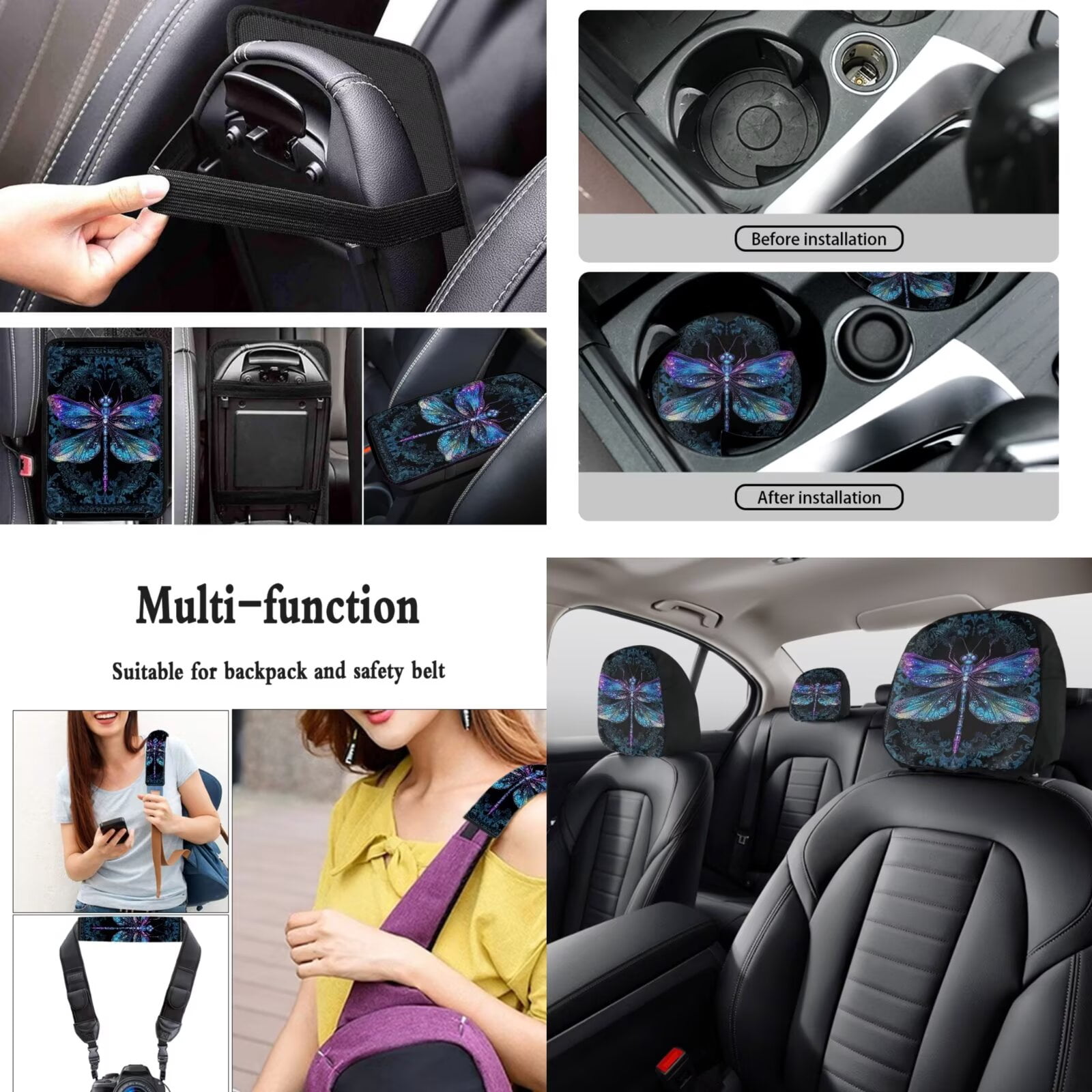 LedBack Boho Dragonfly Printed Car Seat Covers Full Set Steering Wheel Cover Seat Belt Cover Armrest Pad Cup Mat Keychain Head Rest Covers for Car, Rear Front Seat Protector Car Accessories Set