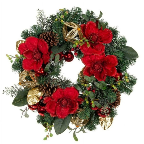 Village Lighting 24 in. Pre-Lit LED Wreath - Red Magnolia