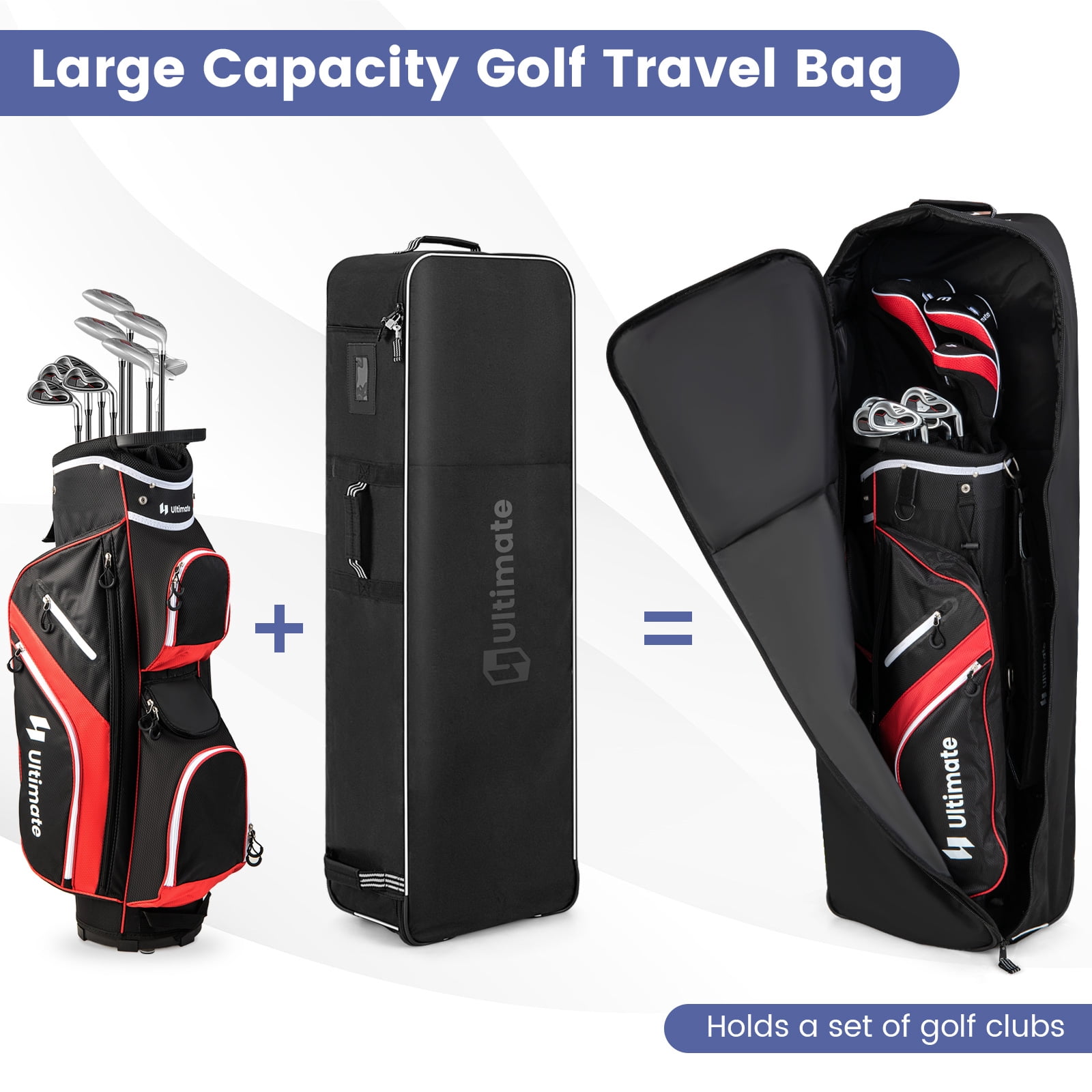 Patiojoy Golf Travel Bag with Wheels Portable Golf Club Travel Bag with 3 Pull Handles Smooth Zipper Name Card Holder
