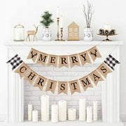Whaline Merry Christmas Burlap Banner White Black Buffalo Plaid Reindeer Banner Vintage Rustic Christmas Bunting Garland for Xmas Party Home Fireplace Indoor Outdoor Holiday Decor Supplies, 2Pcs