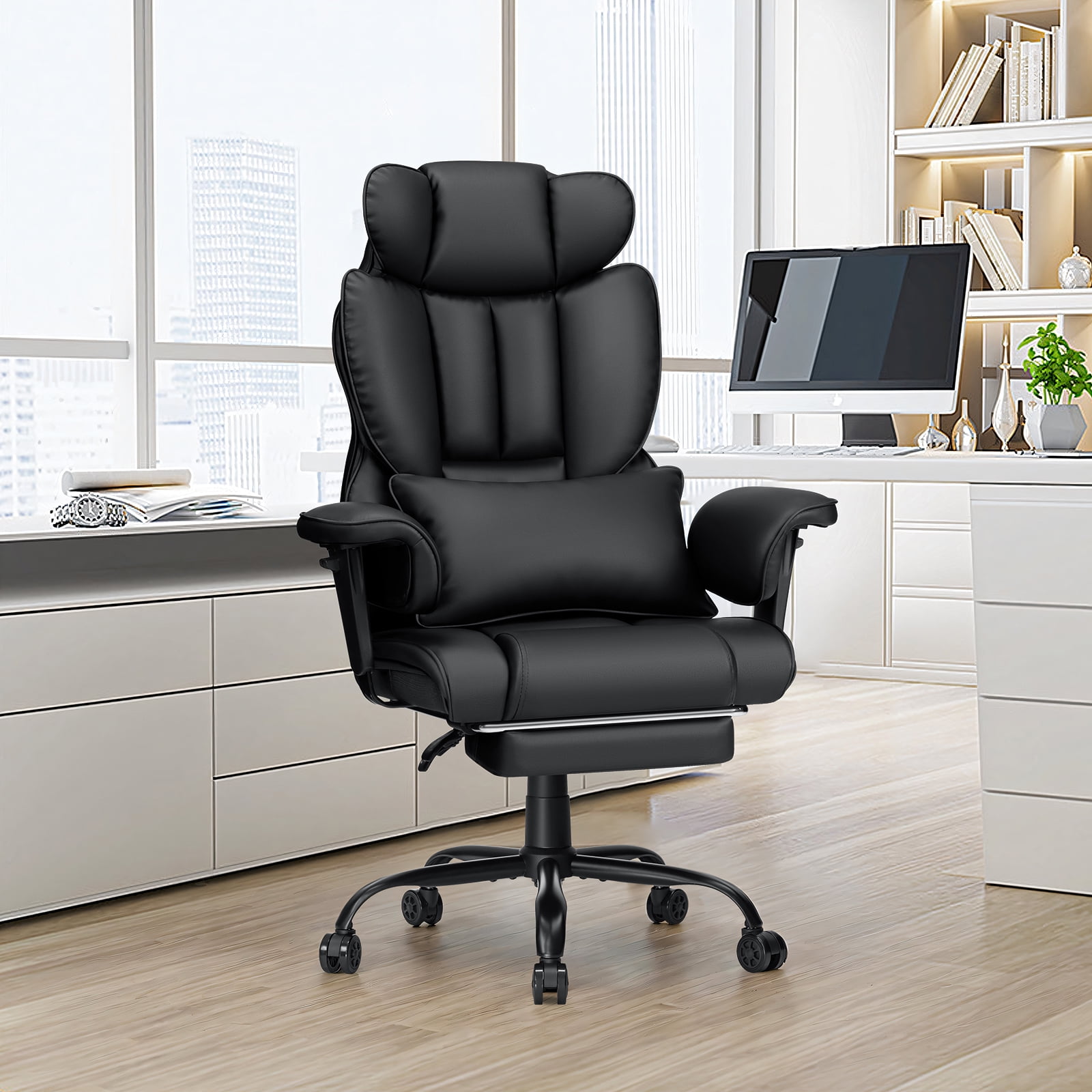 Hoffree Big and Tall Office Chair 450lbs, Executive Computer Desk Chair with Massage Ergonomic  Leather Chair with Footrest Reclining Desk Office Chair with Lumbar Support for Home Office