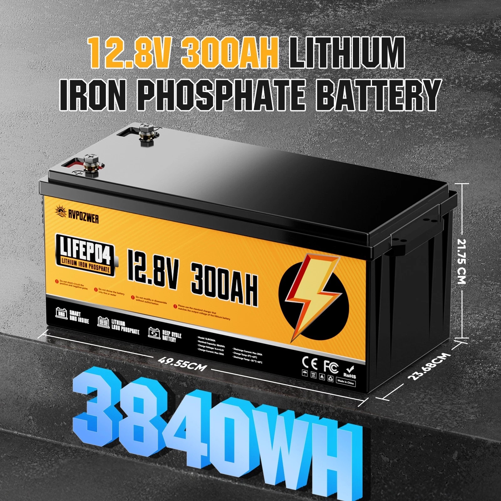 RVPOZWER 12V 300Ah Lithium LiFePO4 Battery 200A BMS for Golf Cart RV Marine Solar Panels