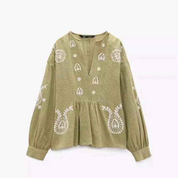 New Womens High Quality Fashion Temperament Retro Loose V-neck Long Sleeve Embroidered Shirt