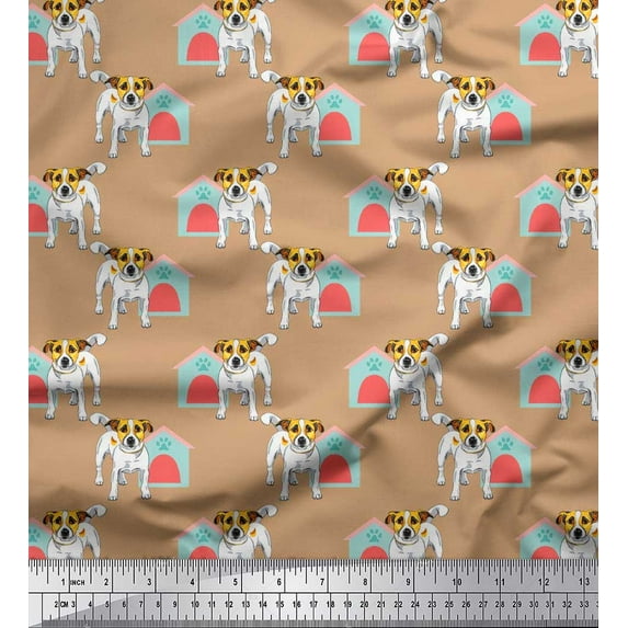 Soimoi Polyester Crepe Fabric Hut & Jack Russell Terrier Dog Decor Fabric Printed Yard 52 Inch Wide