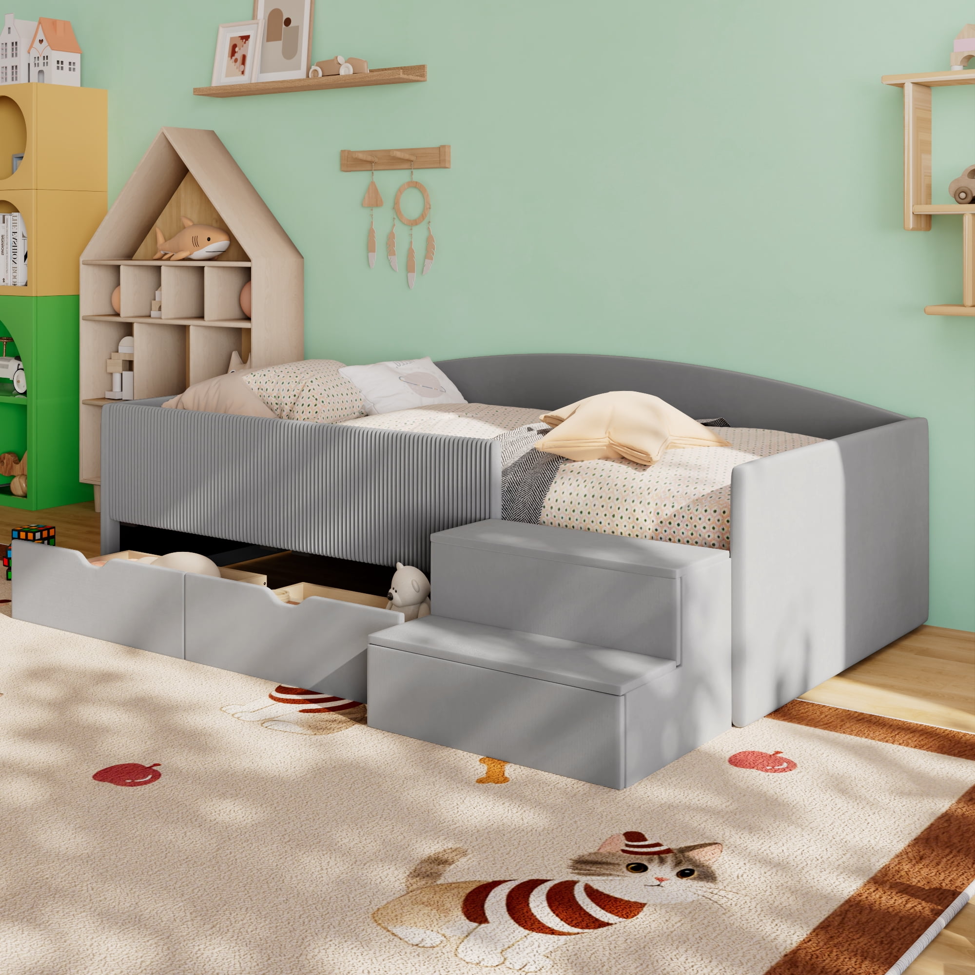 Mintazer Twin Size Upholstered Floor Daybed Frame with Safety Guardrail & 2 Storage Drawers & Stairs for Todder Kids, Gray
