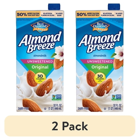 (2 pack) Almond Breeze Shelf-Stable Unsweetened Original Dairy-Free Almondmilk, 32 oz