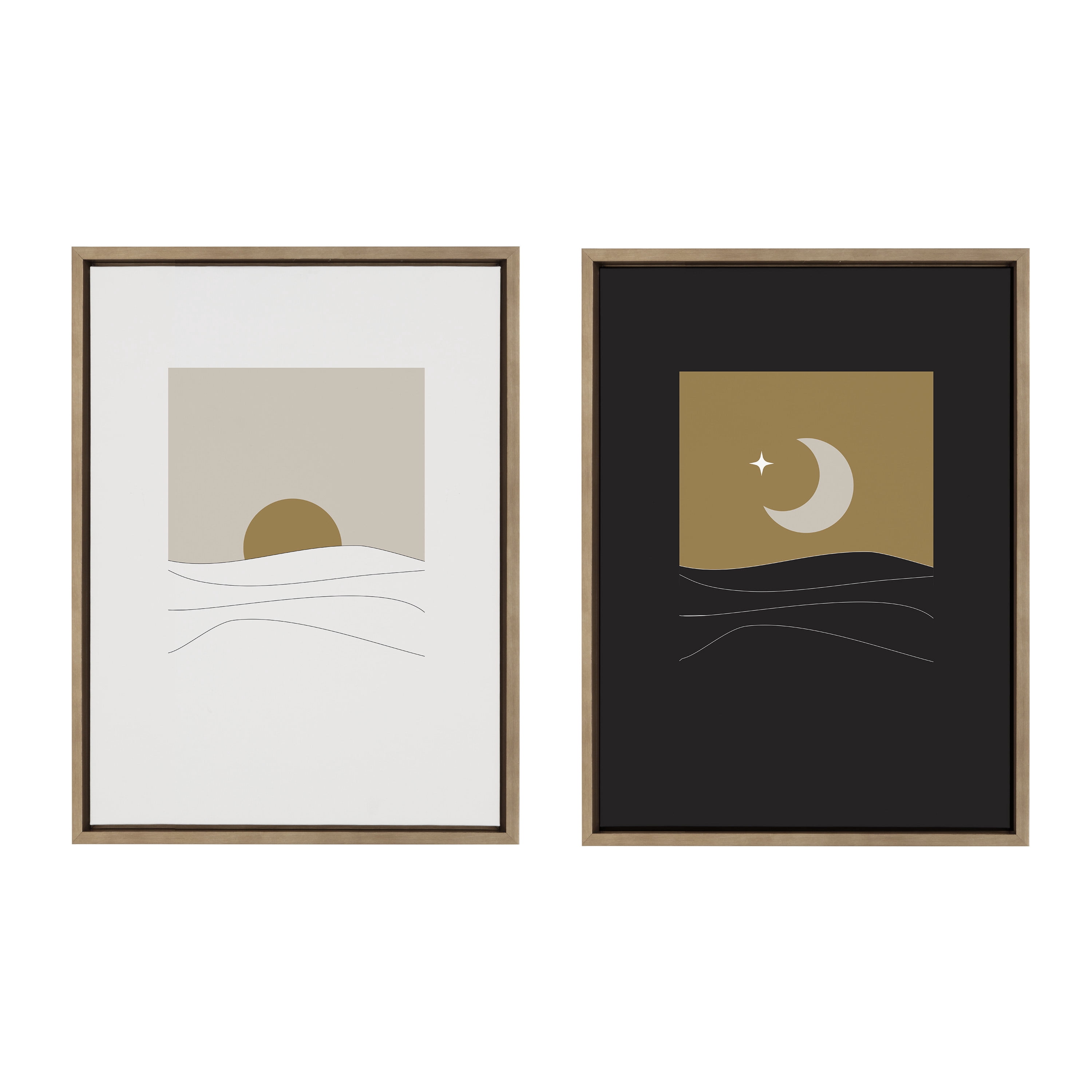 Kate and Laurel Sylvie Modern Sunrise and Sunset Over the Ocean Framed Canvas Wall Art Set by The Creative Bunch Studio, 2 piece 18x24 Gold, Minimal Neutral Landscape Art for Wall