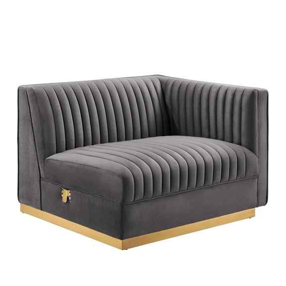 Maklaine Contemporary Velvet and Stainless Steel Right-Arm Chair in Gray