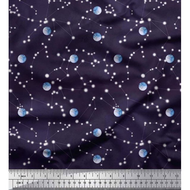 Soimoi Poly Georgette Fabric Moon & Galaxy Printed Fabric 1 Yard 52 Inch Wide