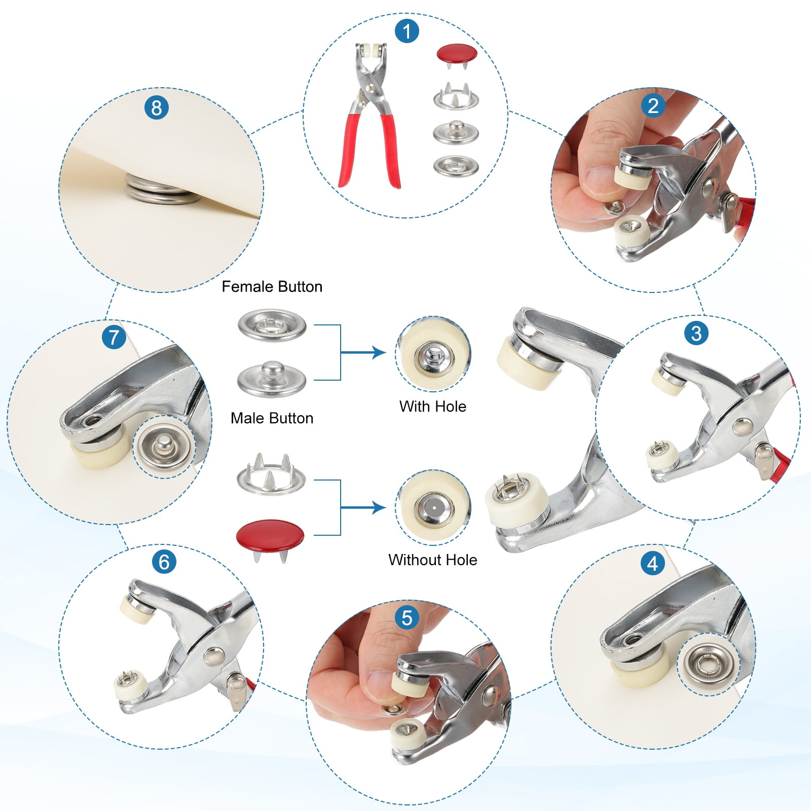 Uxcell 200Set Metal Snap Button Kit 10mm Solid Prong Snap Buttons with Fastener Pliers for Sewing Fabric Leather Clothing Rain Coat Diapers Bibs Crafting, Light Blue