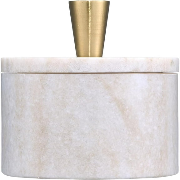 Queenza Brown Marble Salt Cellar with Lid and Brass Knob, 3 inch Box for Salt and Spices