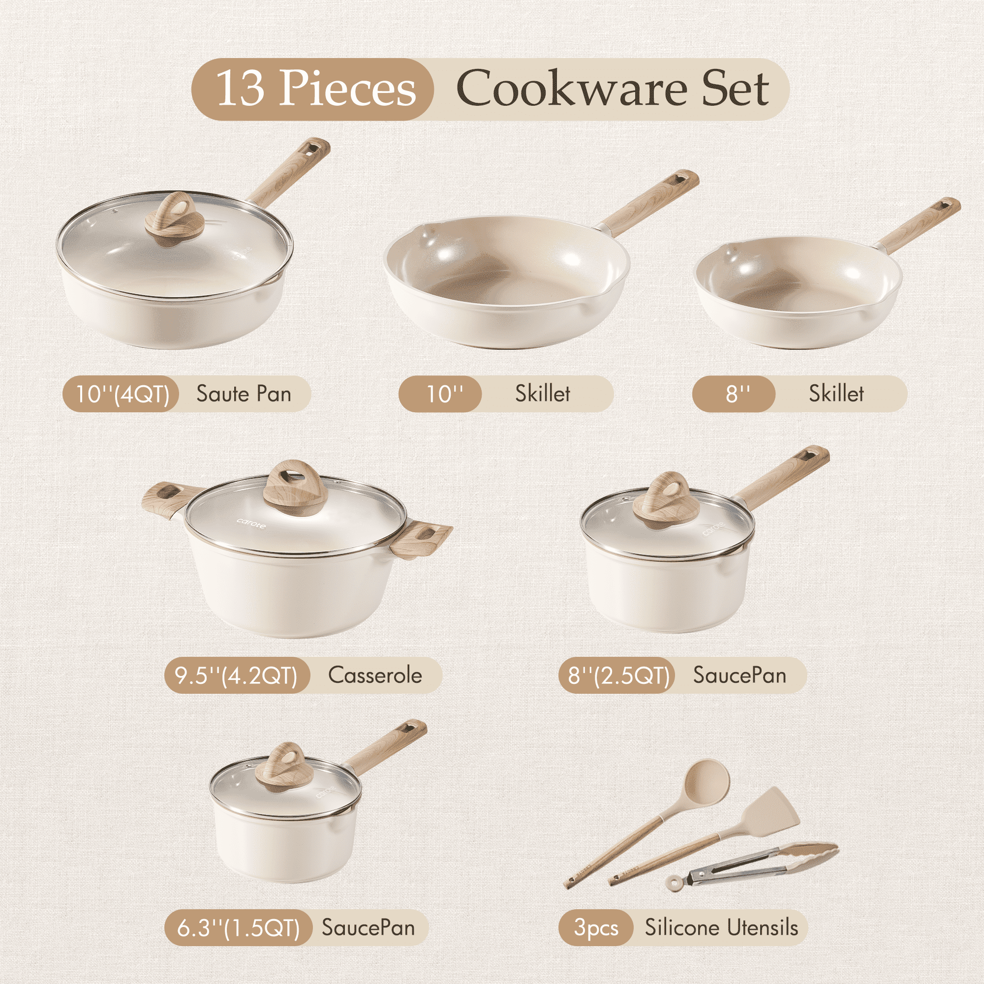 Carote Ceramic Nonstick Pots and Pans Set, 13 Pieces Non-Toxic Kitchen Cookware Sets Compatible for All Stoves, Taupe