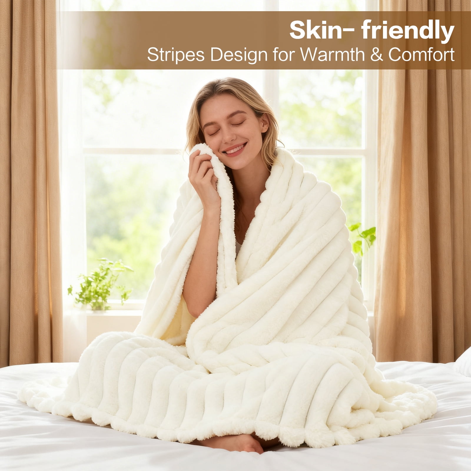 EMONIA White Queen Fleece Blanket for Bed, 320GSM Super Soft Cozy Blankets and Throws, Decorative Throw Blankets for Women Men Gifts, Throws with Stripes for Sofa Bed Decor, 90''x90''