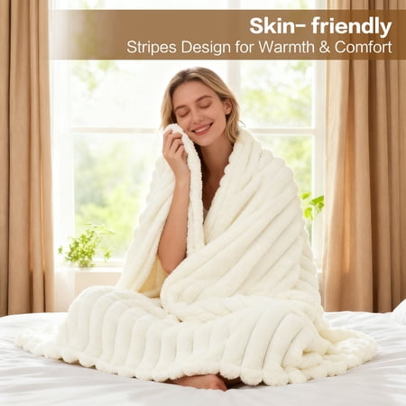 EMONIA White Fleece Throw Blanket for Couch, 320GSM Super Soft Cozy Blankets and Throws, Decorative Fleece Blankets for Women Men Gifts, Throws with Stripes for Sofa Bed Decor, 50''x60''