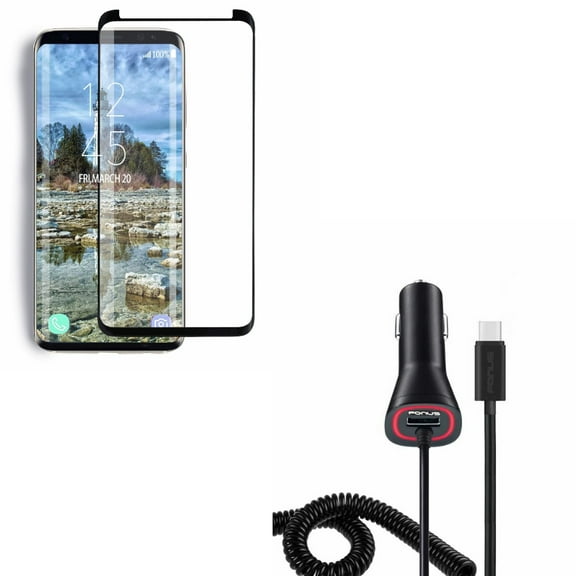 Compatible With Samsung Galaxy S9 - 5D Tempered Glass Screen Protector w Type-C Quick Car Charger DC Power Adapter w USB Port