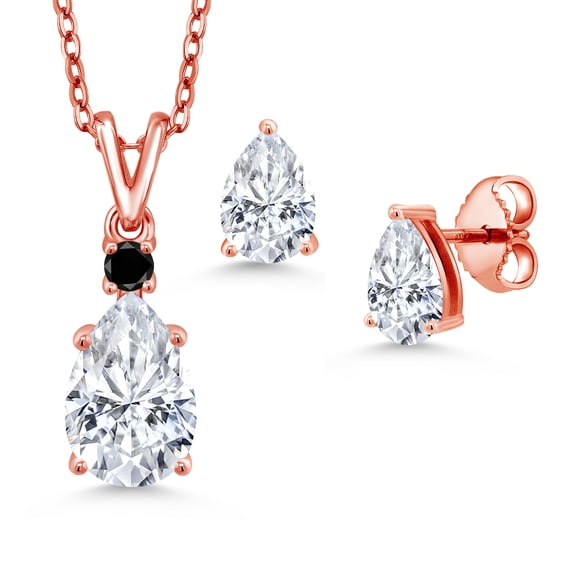 18K Rose Gold Plated Silver White Moissanite and Black Diamond Pendant and Earrings Jewelry Set for Women (3.38 Cttw, Gemstone Birthstone, Pear Shape 10X7MM and 7X5MM, with 18 inch Chain)
