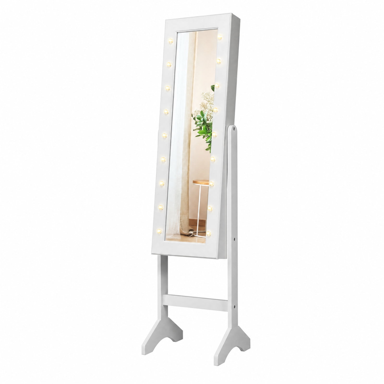 Furnibear Mirrored Jewelry Cabinet Armoire Organizer w/ LED lights for Bedroom Dressing Room Jewelry Necklace Rings Storage Mirror, White