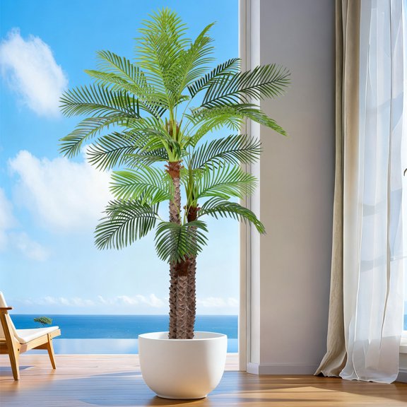8FT Artificial Palm Tree for Outdoors, Large Faux Triple Phoenix Palm with 30 Leaves, 94 Inch Tall Fake Tropical Palm Tree for Outside Patio, Garden Landscaping, Poolside, Home Office Indoor Decor