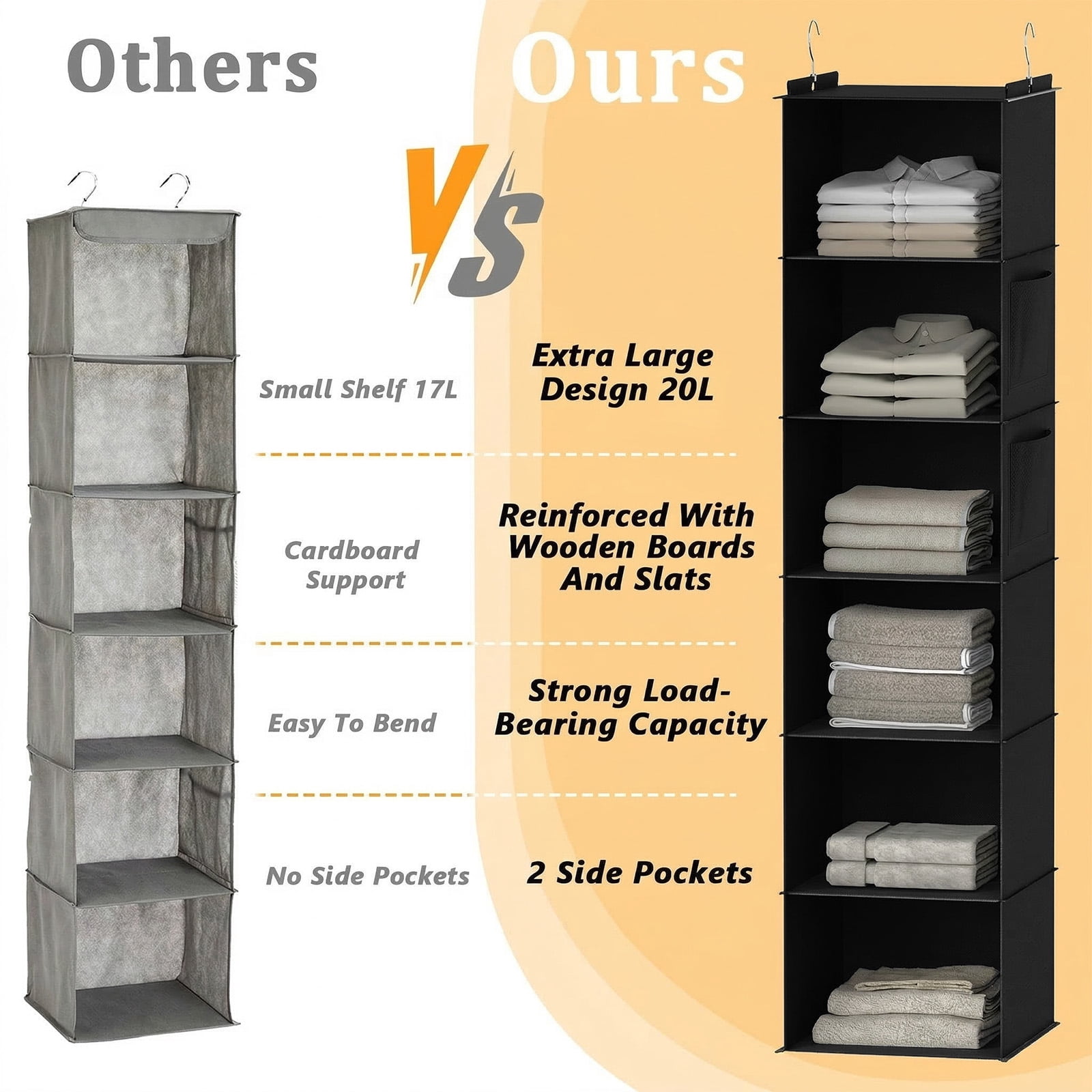 Closet Hanging Storage Shelves, 6-Shelf Hanging Closet Organizer with Bamboo Inserts, Foldable Closet Organizers and Storage for Bedroom,Sturdy Hook Closet Storage W/ 2 Side Pockets,Gray