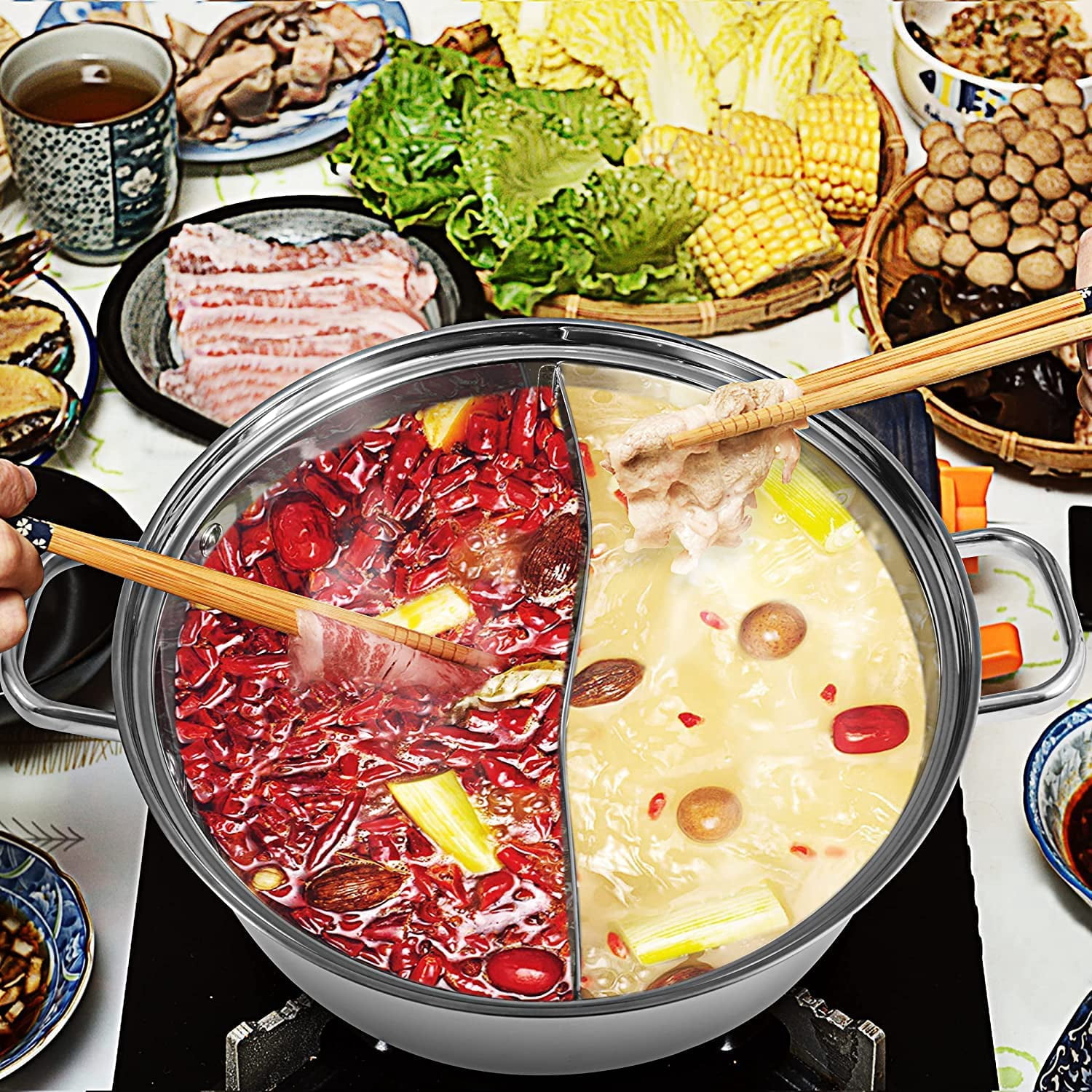 LP Living Plus Electric Dual Sided Stainless Steel Shabu Shabu Hot Pot with Burner and Glass Lid 5.0L