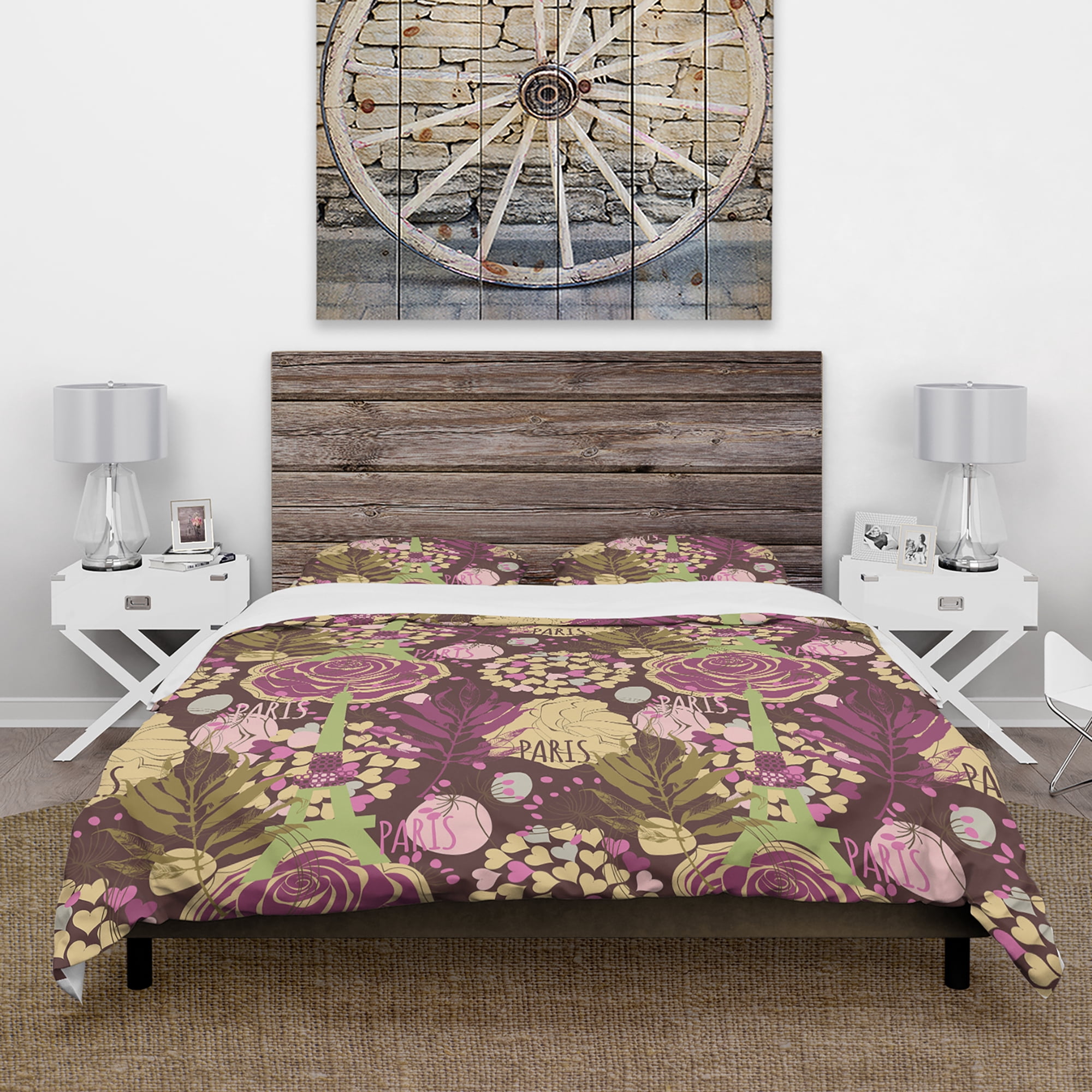 Designart 'Retro Paris Eiffel Rose with Hearts' Vintage Duvet Cover Set