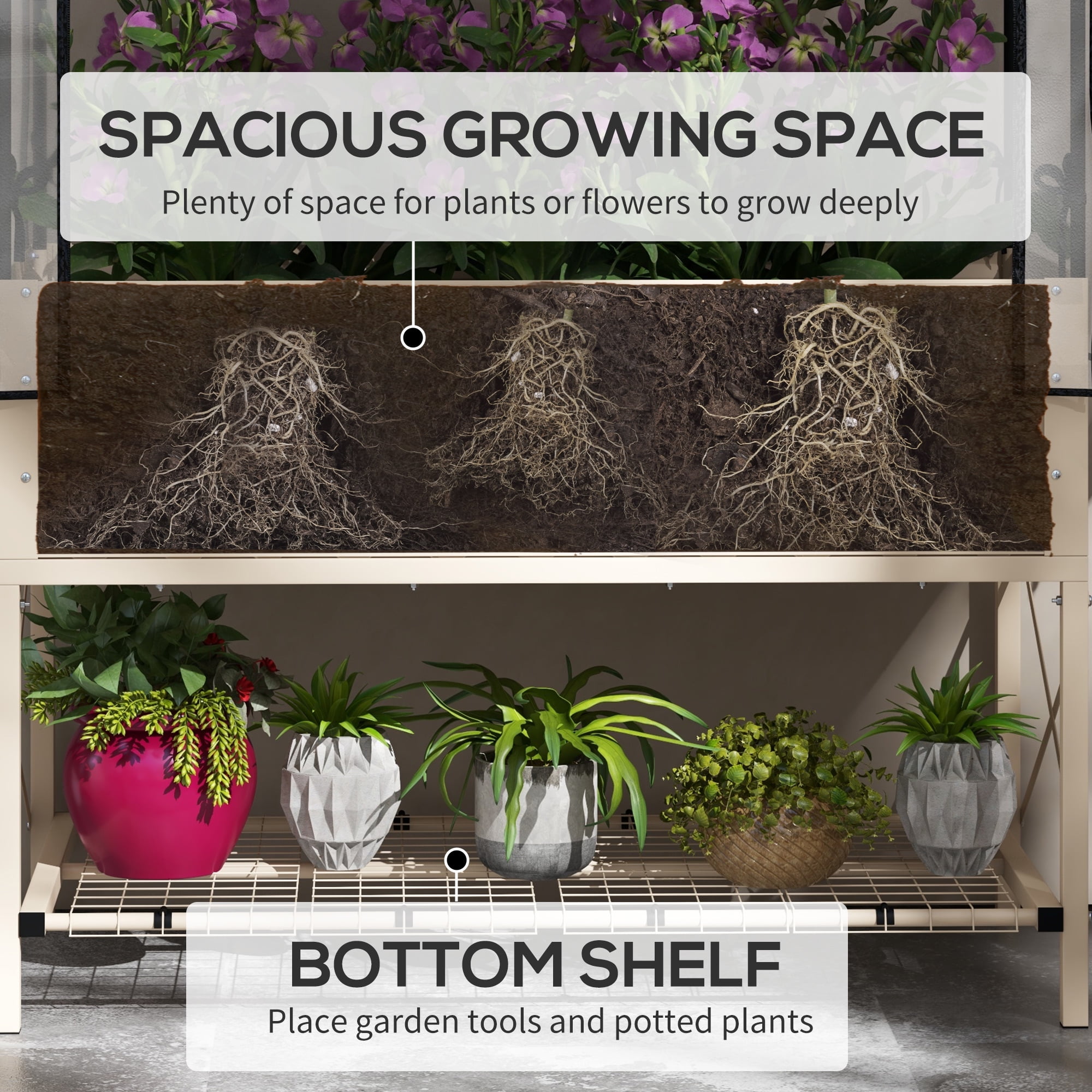 Outsunny Raised Garden Bed with Cover and Storage Shelf, Rectangular Metal Elevated Planter Box with Legs and Bed Liner, Cream