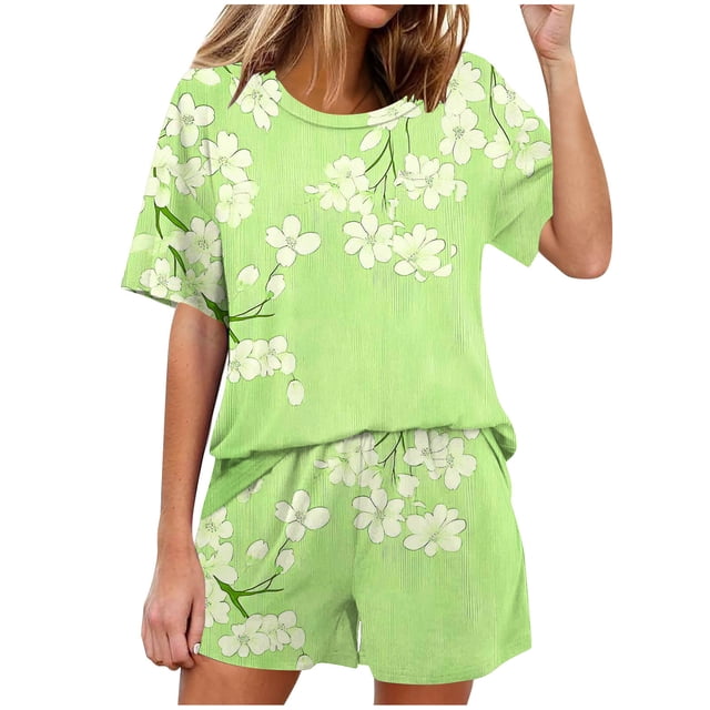 Conjunto de Pijama de las Mujeres de Moda Casual Color Sólido Casa Manga Corta Cuello Redondo Superior Y Pantalones, Ropa de Salón