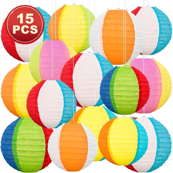 15 Pcs Round Paper Lanterns, Summer Hawaiian Luau Pool Beach Party Hanging Decor for Indoor Outdoor Birthday