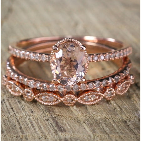 Jeenmata 2 Carat Antique Milgrain Oval Shape Morganite Diamond Jeenmata 2 Carat Antique Milgrain Oval Shape Morganite Diamond Trio Ring Set In 10k Rose Gold With One Halo Engagement Wedding Bands